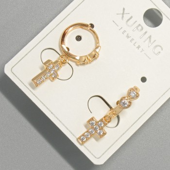 Pendientes "Cruz" Xuping con strass blancos, diámetro 6×11 mm, longitud 22 mm, baño de oro 18K