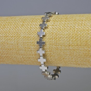 Pulsera de hematita 'Cruz' color plata, diámetro 8×8×3 mm, longitud 18 cm ±, con hilo elástico