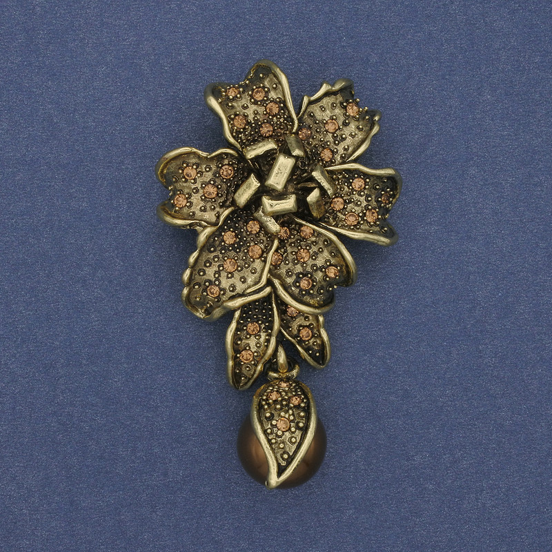 Broche-pendiente flor, perla y strass, color bronce, 60×32 mm+