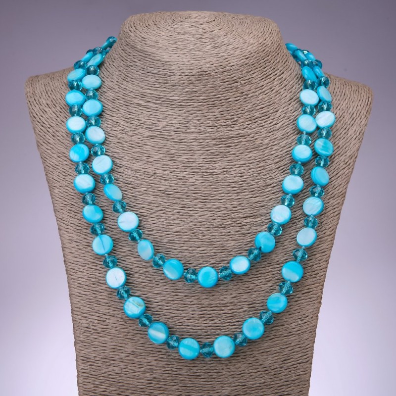 Collar largo de nácar azul con cuentas en forma de moneda, 120 cm