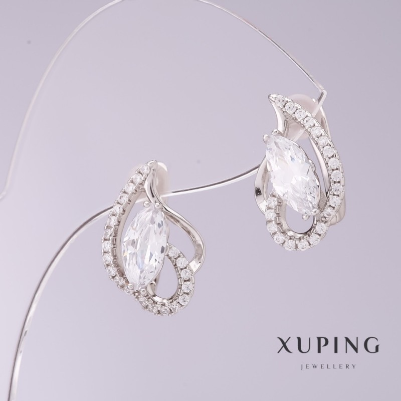 Pendientes Xuping con circón blanco, diámetro 9 mm, longitud 17 mm, rodio