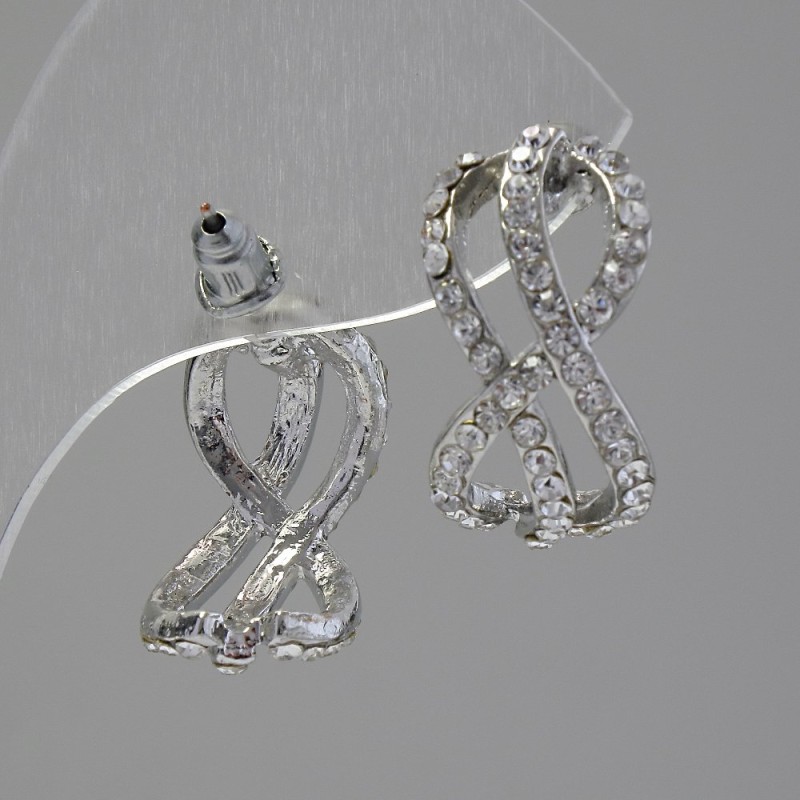 Pendientes de botón «Infinito», strass blancos, metal con acabado plateado, 2 cm