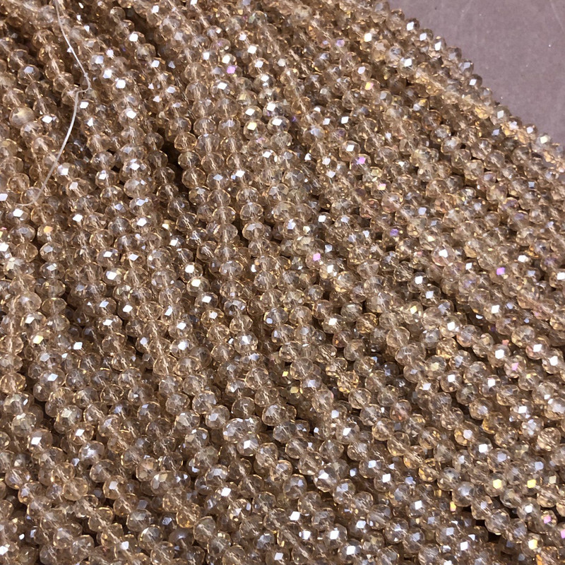 Cuentas de cristal checo en hilo champán translúido con brillo petróleo, facetadas en rondel, diámetro 3,5×3 mm, longitud 36-38 cm +