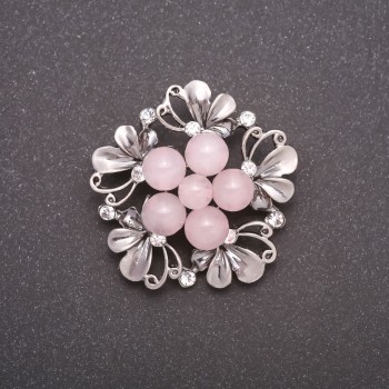 Broche con cuarzo rosa natural, estilo boutonnière, color gris metalizado, 40 mm