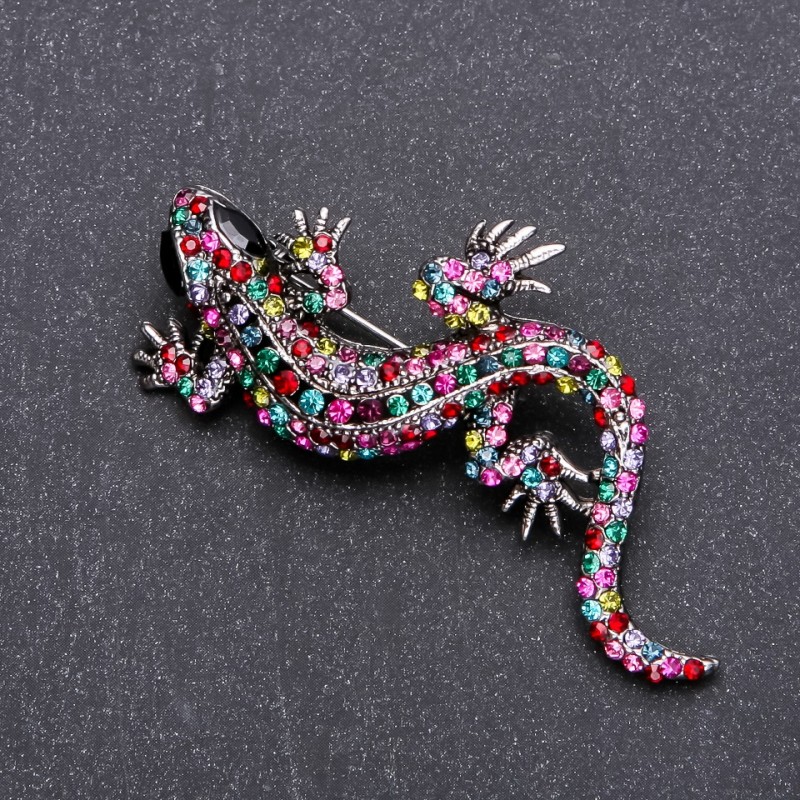 Broche Lagartija con strass multicolor, 62×28 mm, metal gris