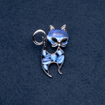 Broche 'Gatito' azul ojo de gato, color del metal plata, 30×45 mm