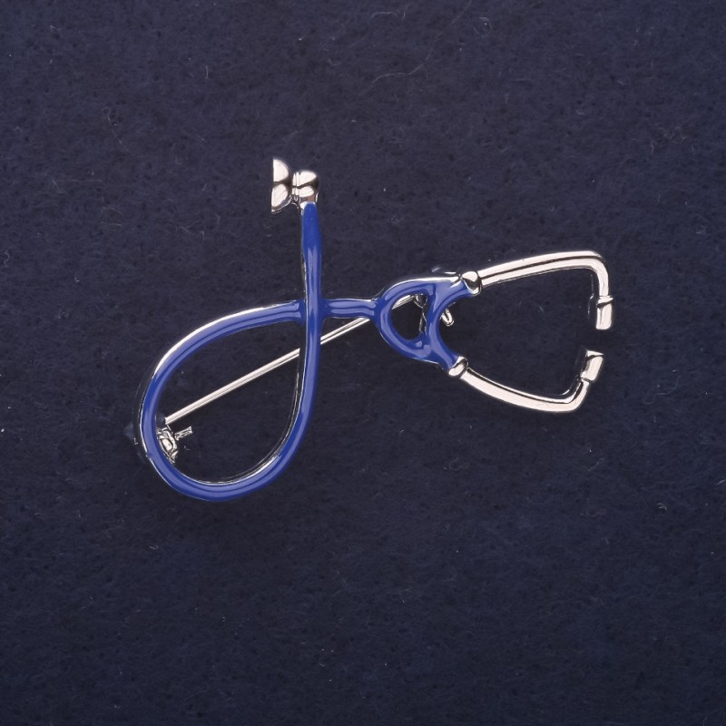 Broche Estetoscopio, esmalte azul, 44×30 mm, metal plateado